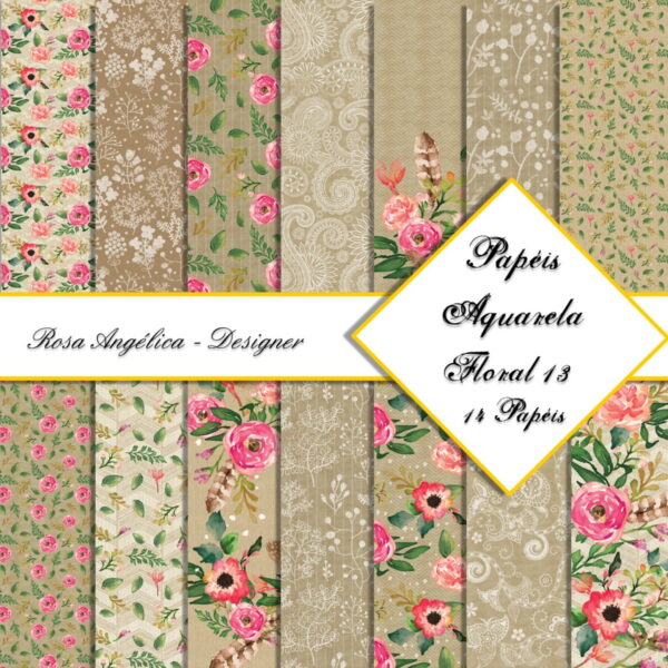 Kit Arquivo Digital - Papéis Aquarela Floral 13
