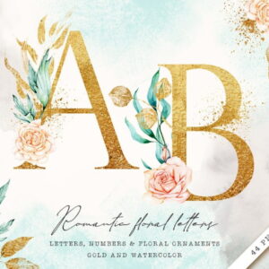 Kit Digital Alfabeto Floral Dourado Aquarela- 071