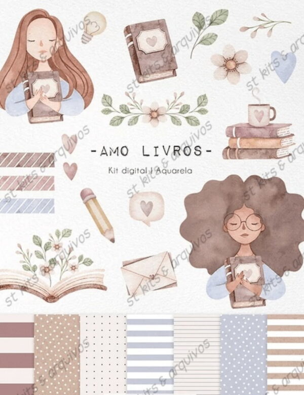 Kit Digital Amo Livros Em Aquarela