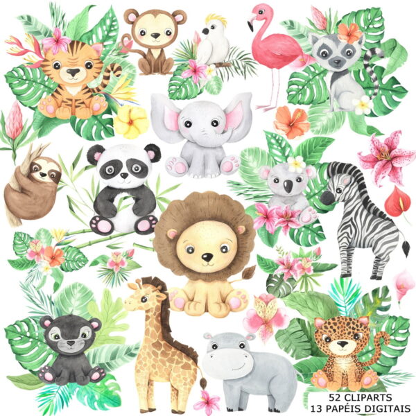 Kit Digital Animais Aquarela