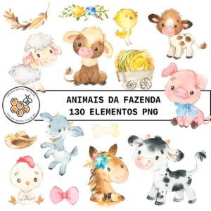 Combo Digital Animais da Fazenda Aquarela - 6 Kits Digitais