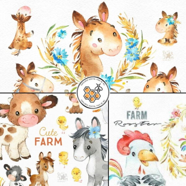Combo Digital Animais da Fazenda Aquarela - 6 Kits Digitais - Imagem 2