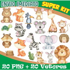KIT DIGITAL ANIMAIS DA FLORESTA AQUARELA + VETORES