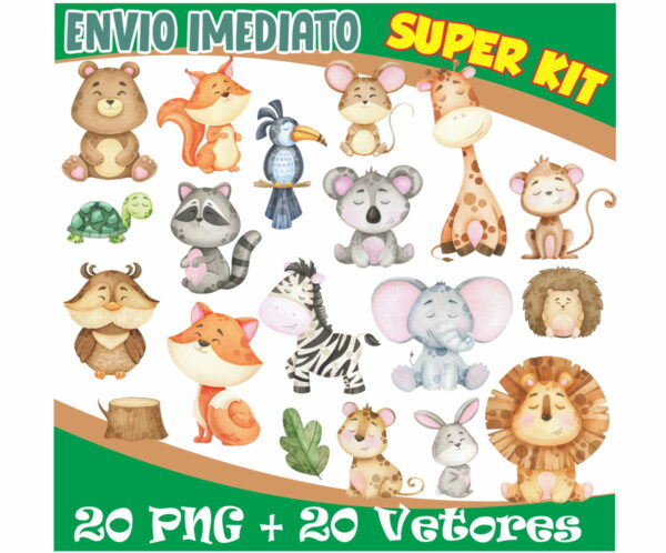 KIT DIGITAL ANIMAIS DA FLORESTA AQUARELA + VETORES