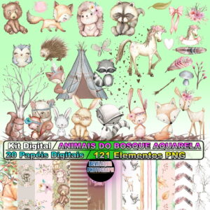 Kit Digital Animais Do Bosque Aquarela 01#