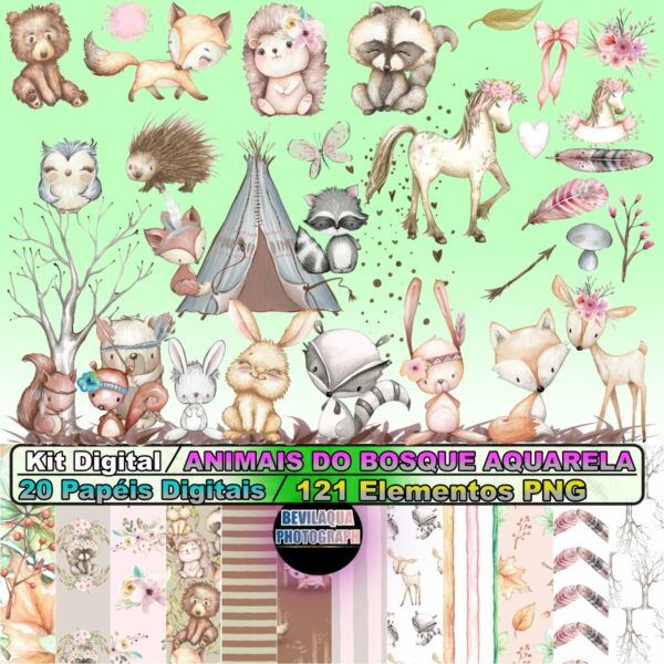 Kit Digital Animais Do Bosque Aquarela 01#