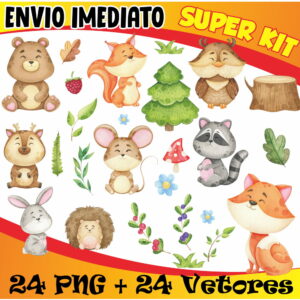 KIT DIGITAL ANIMAIS DO BOSQUE AQUARELA + VETORES
