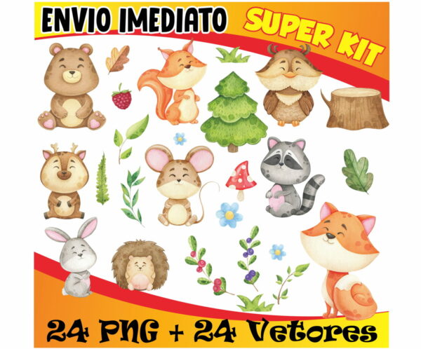 KIT DIGITAL ANIMAIS DO BOSQUE AQUARELA + VETORES