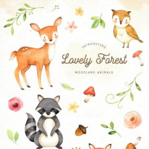 Kit Digital Animais do Bosque Floresta Encantada - Aquarela