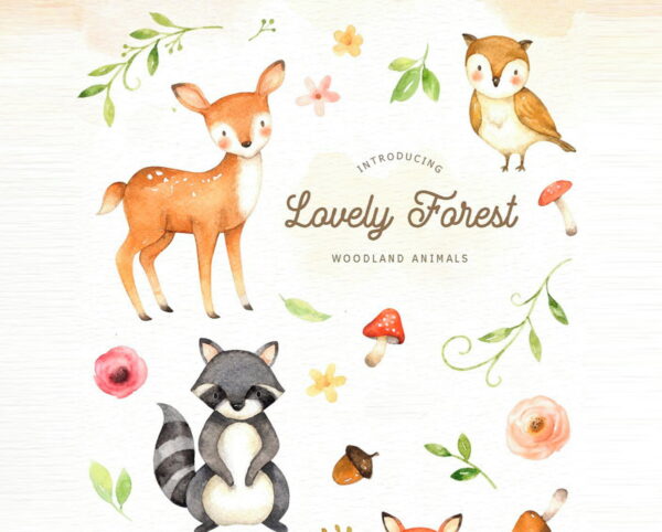 Kit Digital Animais do Bosque Floresta Encantada - Aquarela