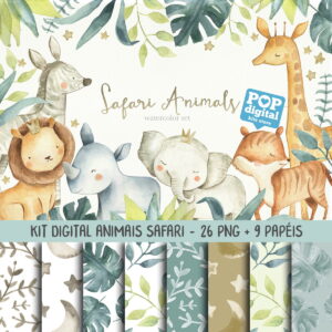 Kit Digital Animais Safari Aquarela