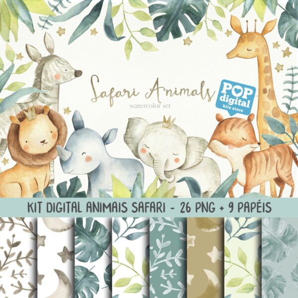 Kit Digital Animais Safari Aquarela