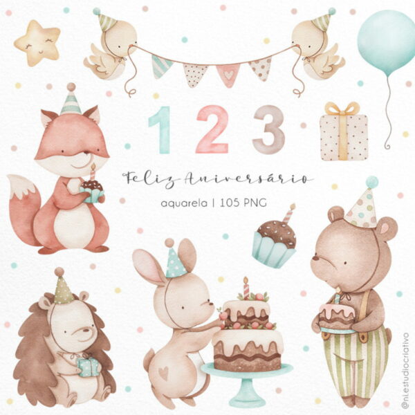 Kit Digital - Feliz Aniversário Aquarela