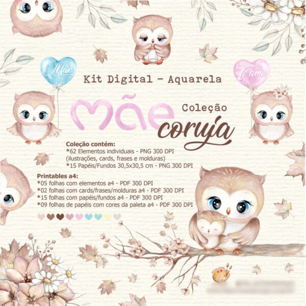 Kit Digital Aquarela - Coleção Coruja- Arq. Digital