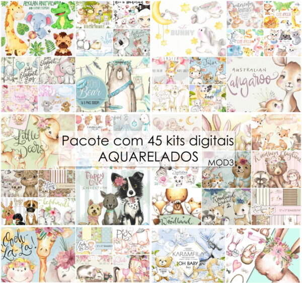 Kit Digital Aquarelados Diversos (pacote com 45 Kits)
