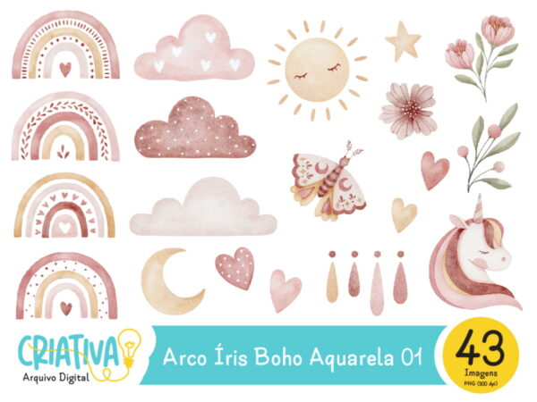 Kit Digital - Arco Íris Boho Aquarela 01