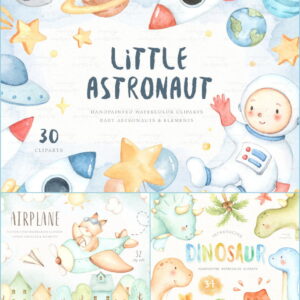 KIT DIGITAL ASTRONAUTA AQUARELA AVIÃO E DINOSSAUROS AQUARELA
