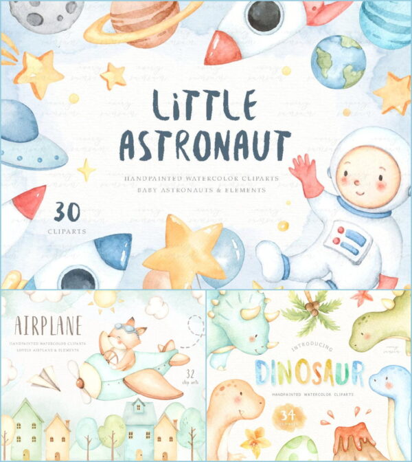 KIT DIGITAL ASTRONAUTA AQUARELA AVIÃO E DINOSSAUROS AQUARELA