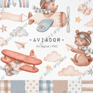 Kit Digital Aviador Em Aquarela