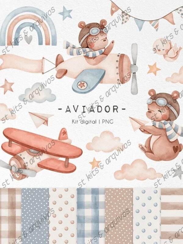 Kit Digital Aviador Em Aquarela