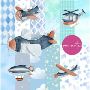 Kit Digital Aviões Aquarela