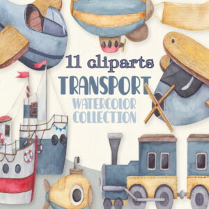 Kit Digital Baby Transportes Aquarela 11 Cliparts