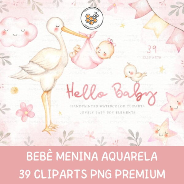 Kit Digital Bebê Menina Aquarela Premium - Hello Baby
