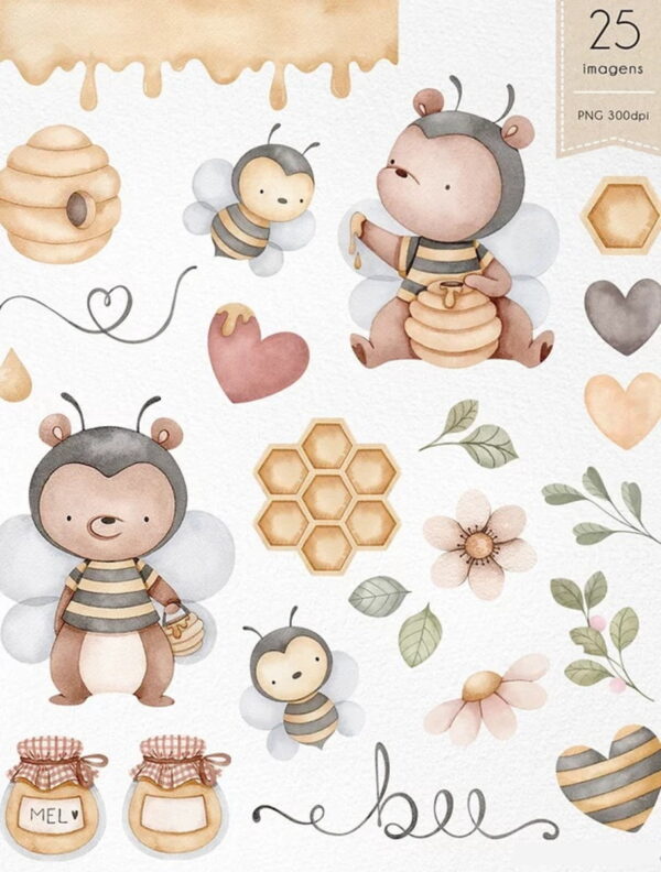 Kit Digital - Bee - Ursinho Abelhinha Aquarela - Image 3