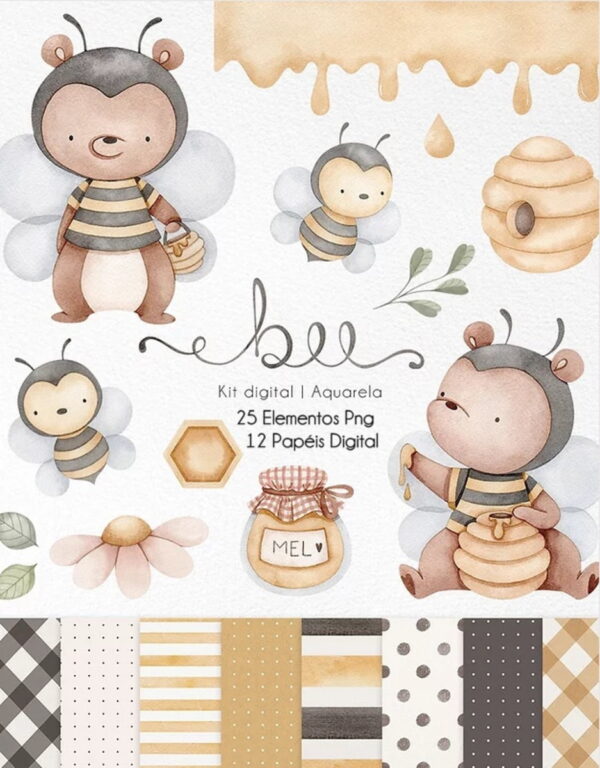 Kit Digital - Bee - Ursinho Abelhinha Aquarela