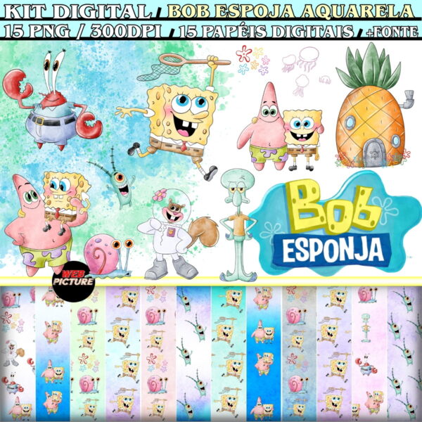 Kit Digital Bob Esponja Aquarela - Imagem 2