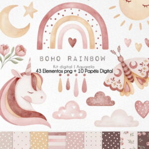Kit Digital - Boho Rainbow Aquarela