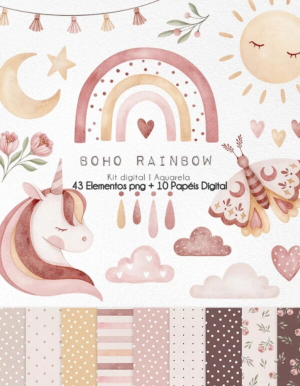 Kit Digital - Boho Rainbow Aquarela