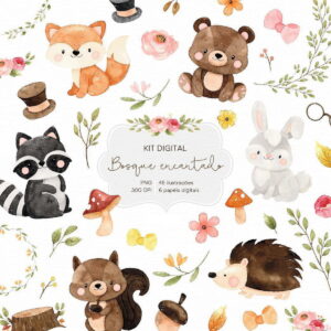 Kit Digital Bosque Encantado Animais Safari Aquarela