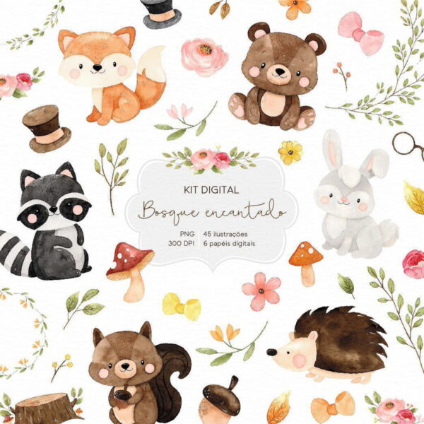 Kit Digital Bosque Encantado Animais Safari Aquarela