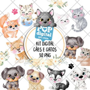 Kit Digital Cães e Gatos Aquarela