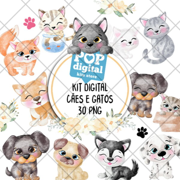 Kit Digital Cães e Gatos Aquarela