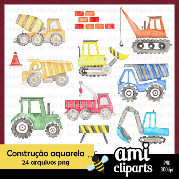 Kit Digital Caminhão Construção Aquarela
