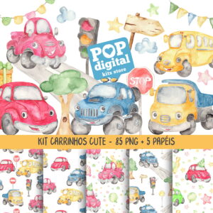 Kit Digital Carrinhos Cute Aquarela