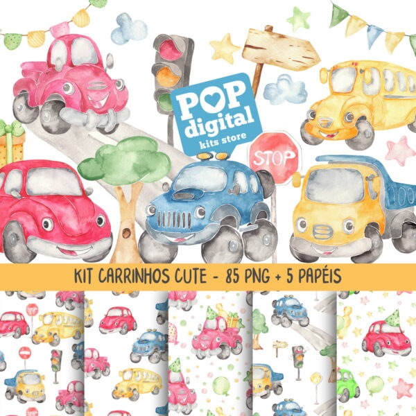 Kit Digital Carrinhos Cute Aquarela
