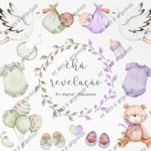 Kit Digital Chá Revelação Verde e Lilás em Aquarela