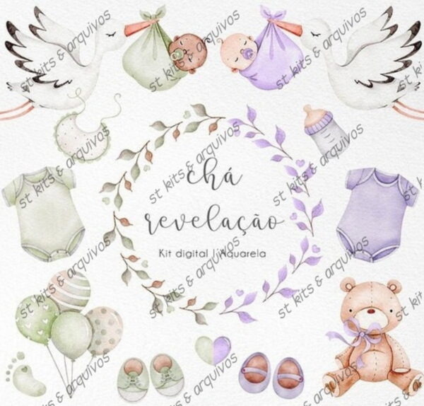 Kit Digital Chá Revelação Verde e Lilás em Aquarela