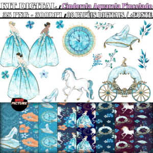 Kit Digital Cinderela Aquarela Pincelado