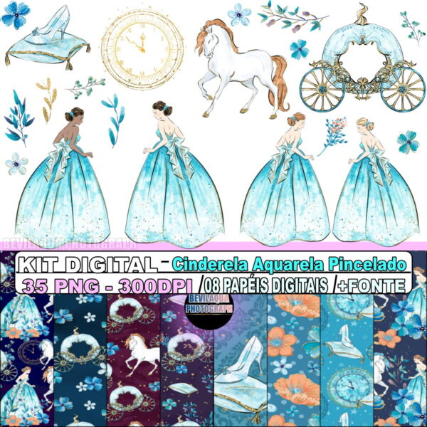 Kit Digital Cinderela Aquarela Pincelado
