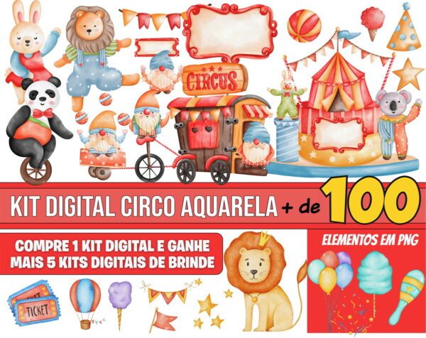 Kit Digital Circo Aquarela -m1 + 5 Kits de Imagens de Brinde