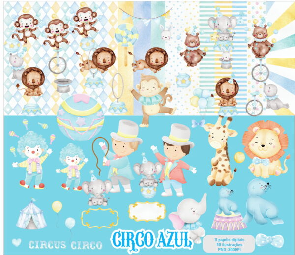 Kit Digital Circo Azul Aquarela