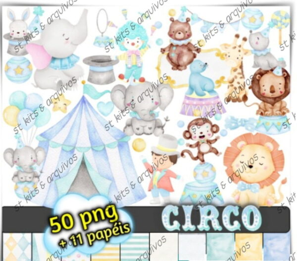 Kit Digital Circo Azul em Aquarela