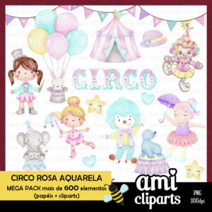 Kit Digital Circo Rosa Aquarela Pack