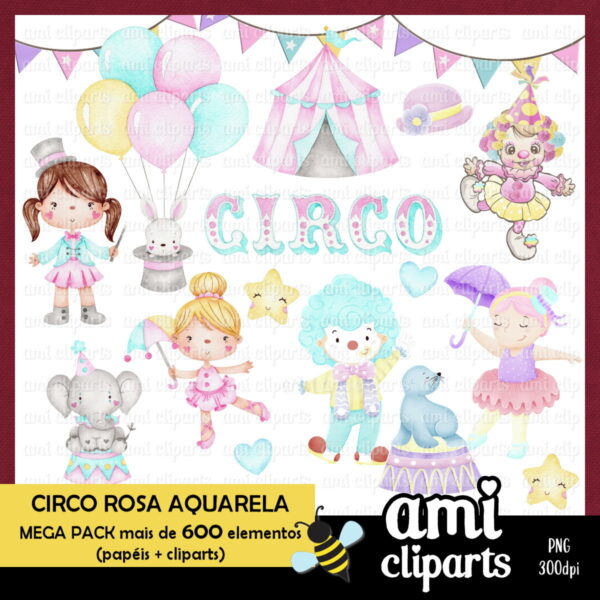 Kit Digital Circo Rosa Aquarela Pack