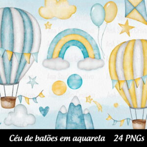 Kit Digital Clipart Céu de Balões em Aquarela - 24 Pngs