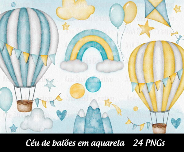 Kit Digital Clipart Céu de Balões em Aquarela - 24 Pngs